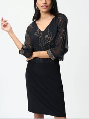 NWT! Joseph Ribkoff Black Gold Dress Size 14 Rhinestones Sleeves Ret $311